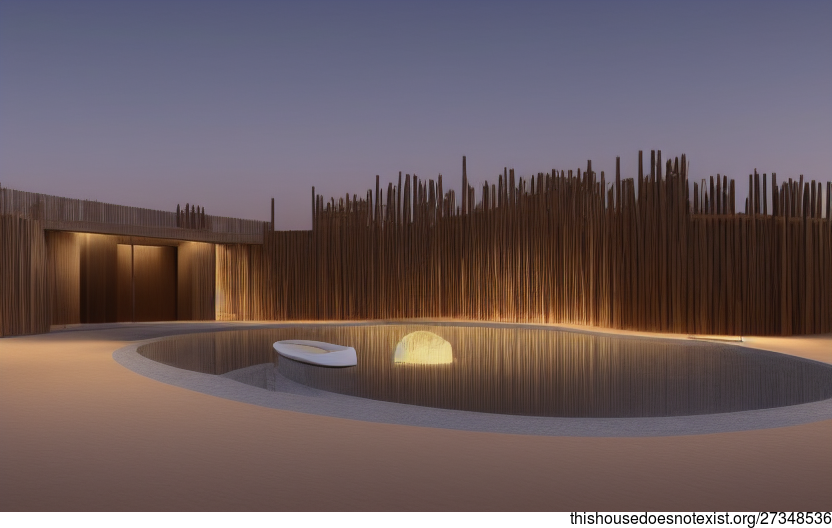 Curved, Exposed Black Stone Tribal House Exterior with Steaming Hot Jacuzzi and View of Riyadh, Saudi Arabia in the Background