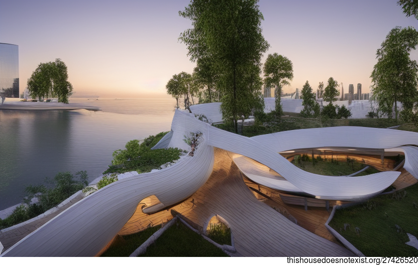 A modern architecture home in Moscow, Russia with an infinity pool and a view of the traditional Russian house exterior with a beach sunset in the background