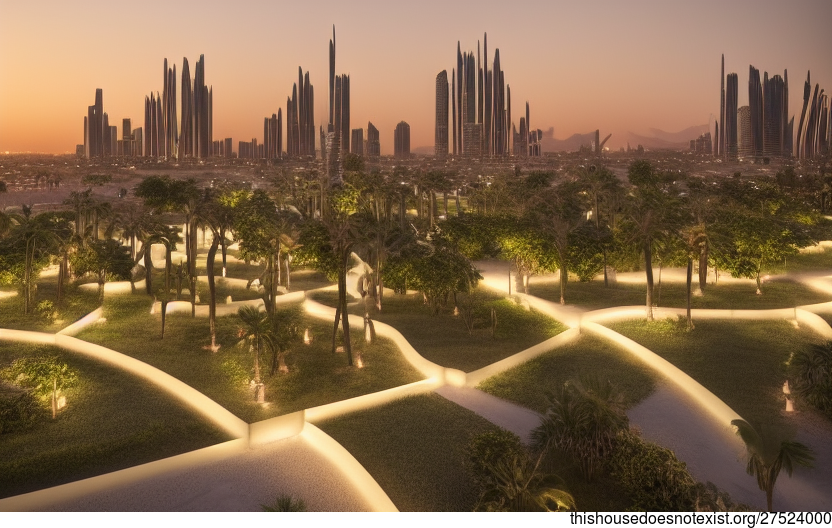 A Curved, Exposed Woodland Oasis with a Sunset View of Riyadh, Saudi Arabia