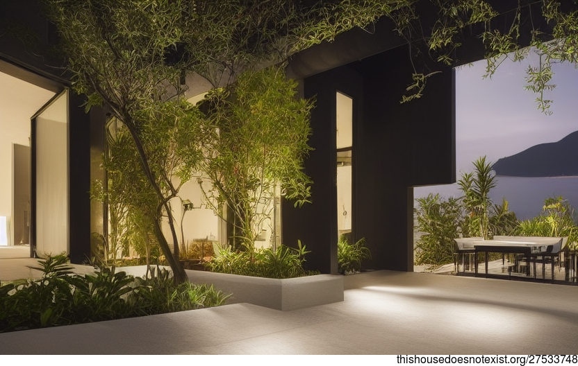 A Modern Home With Exposed Rectangular Black Stone, Glass, and Bejuca Vines