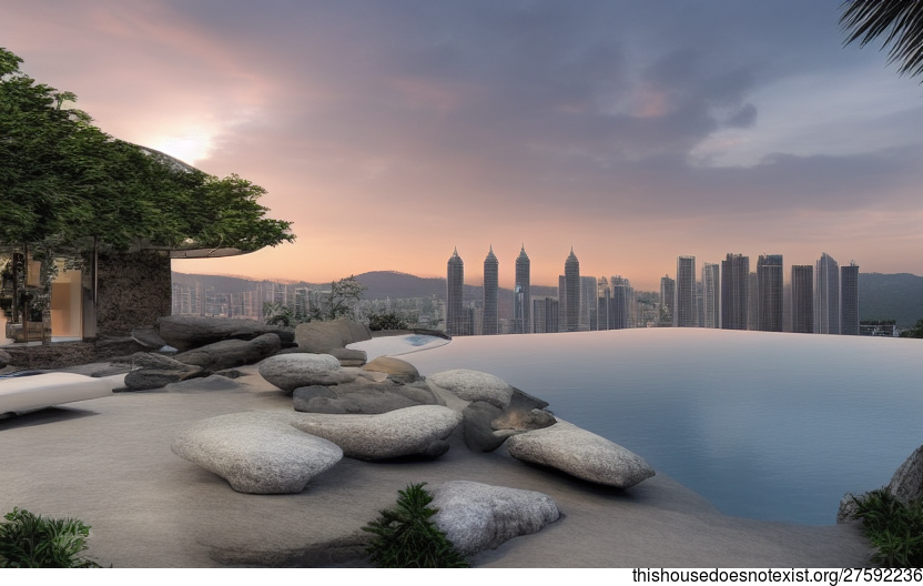 A Modern Home with Exposed Curved Glass and Rocks, an Infinity Pool, and a View of Kuala Lumpur in the Background