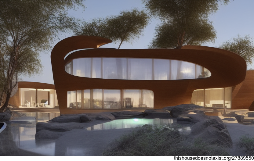Eco-friendly House With Exposed Curved Bejuca Wood, Glass, and Timber Outside With Steaming Hot Spring and View of Riyadh, Saudi Arabia in the Background