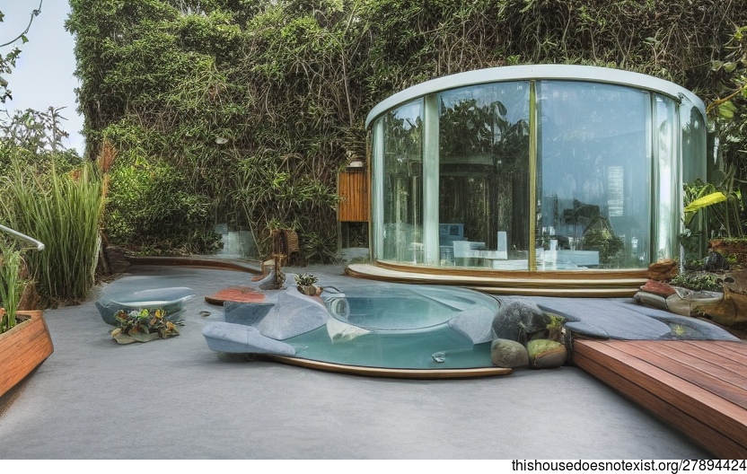 An Exposed, Curved Glass and Glass Bejuca Wood Garden with Fireplace and Steaming Hot Jacuzzi Outside with a View of Mumbai, India in the Background