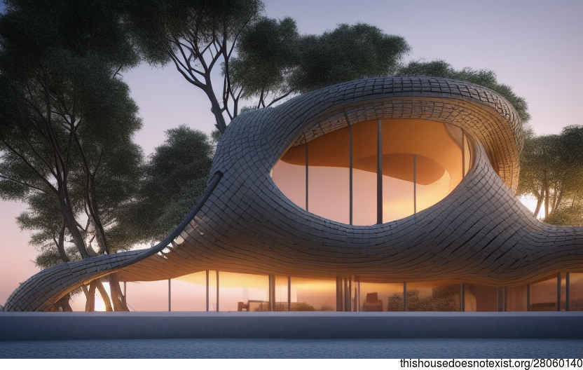 Biology-inspired architecture designed house with exterior fireplace and view of Shanghai, China in the background