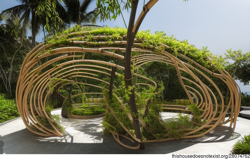 Designed Organic Garden With Exposed Curved Bejuca Vines, Stone, and Bamboo
