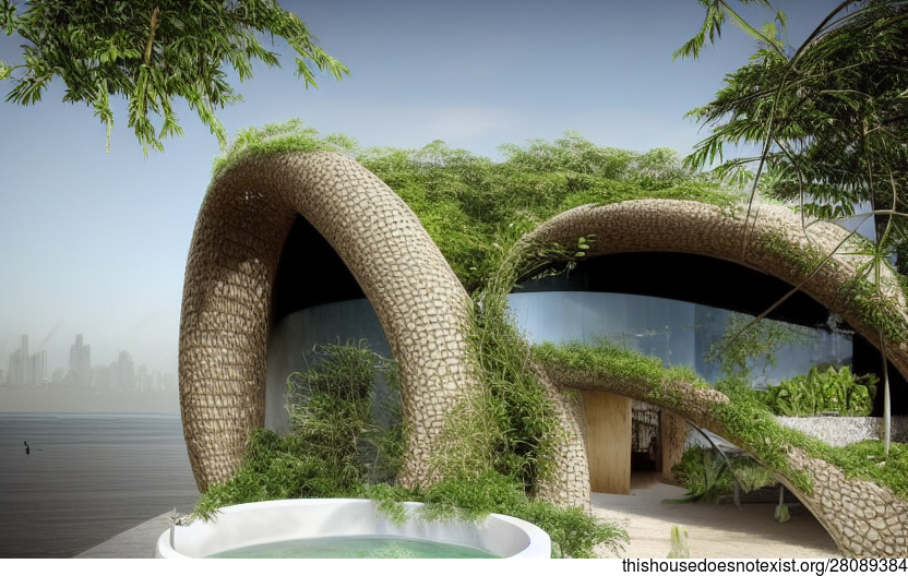 A Modern Designed Garden With Exposed Curved Vines, Stone, and Bamboo