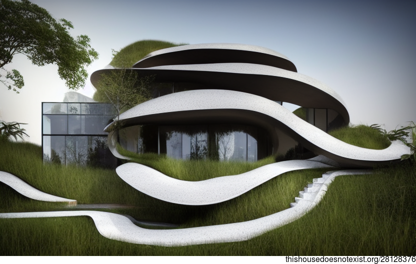 A Hot, Curved, and Grass-Covered House With an Exposed Concrete Exterior and a Steaming Jacuzzi With a View