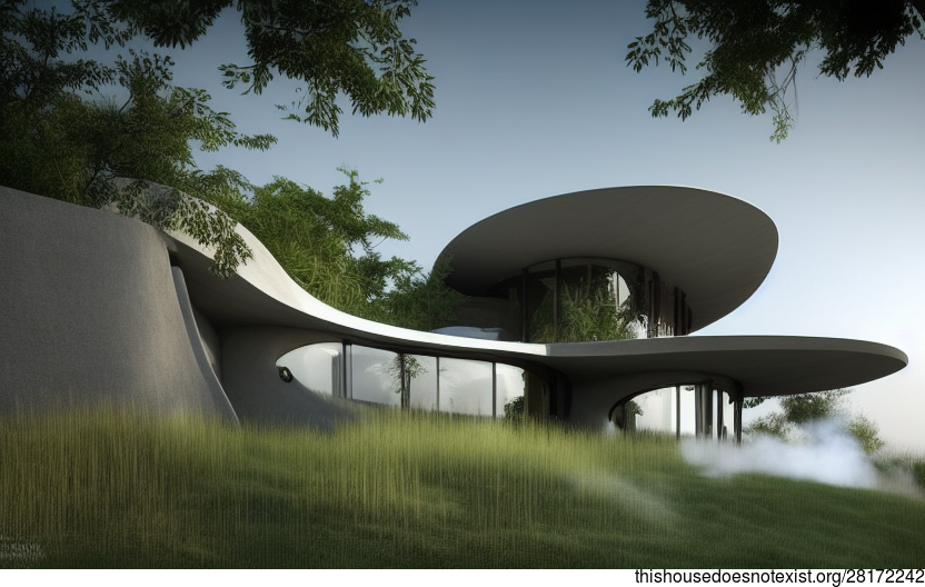 A Curved, Grass- and Stone-Filled House With an Exposed Carbon-Fibre Exterior and a Steaming Hot Jacuzzi Inside
