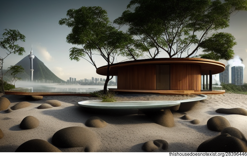 Kuala Lumpur's Exposed Circular Bejuca Wood, Volcanic Rock, and Bamboo House with a Steaming Hot Spring and View of the City