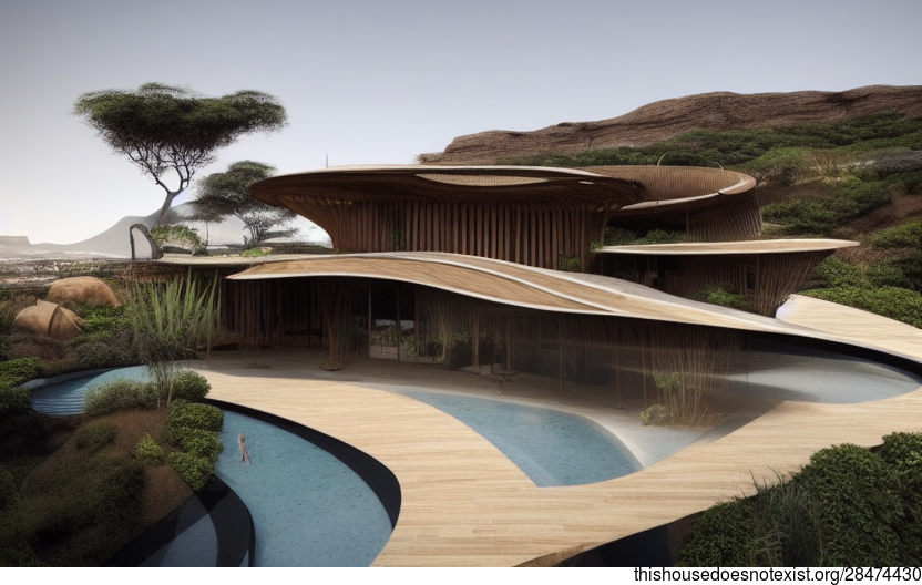 Curved Bamboo House With Exposed Volcanic Rock and Infinity Pool