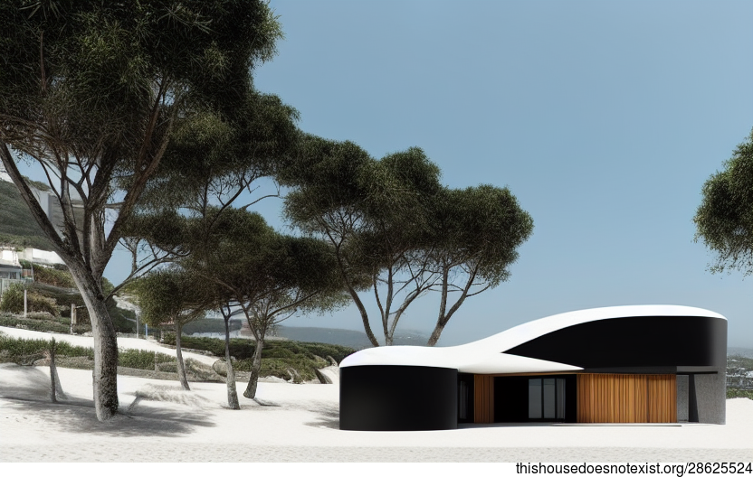 A Modern Architecture Home with an Exposed Curved Black Stone Exterior and a View of Lisbon, Portugal in the Background