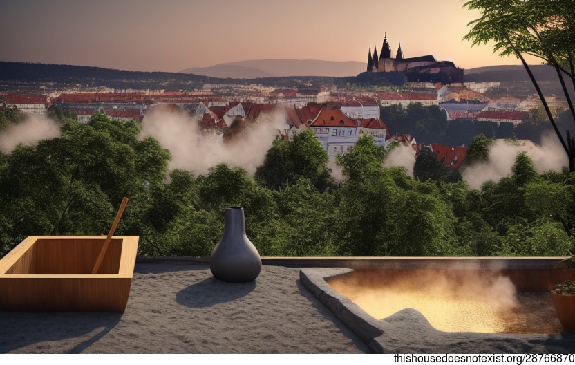 A Modern Architecture Home with an Exposed Rectangular Biochar Bamboo Volcanic Rock Plant Vase and Steaming Hot Spring Outside with a View of Prague, Czechia in the Background