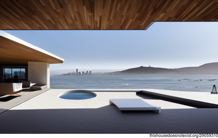 Exposed Circular Wood, Rocks, and White Marble With Soft Rug and Steaming Hot Jacuzzi Outside With View of San Francisco, United States in the Background