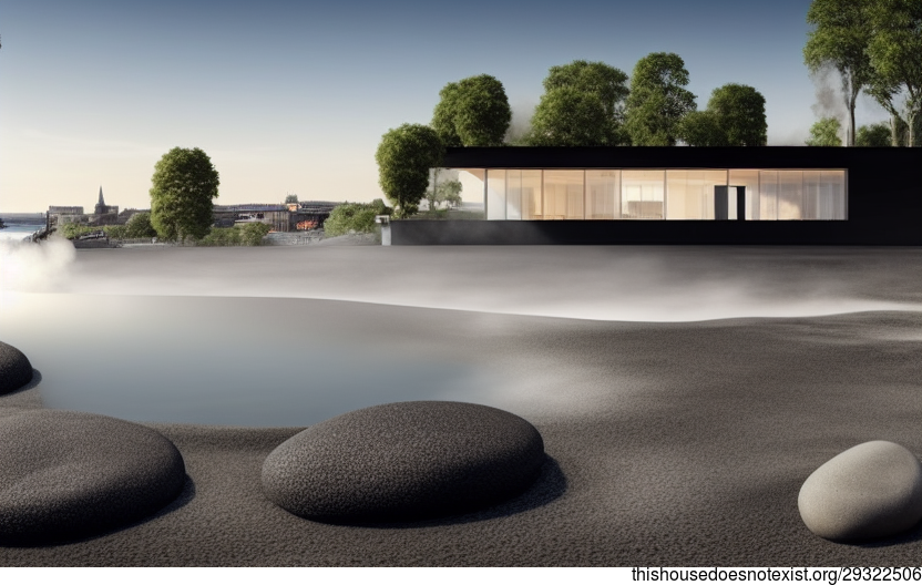 Circular Volcanic Rock House With Plant Vase and Steaming Hot Spring Inside, With Exposed Carbon Fibre and Stone, and a View of Stockholm in the Background