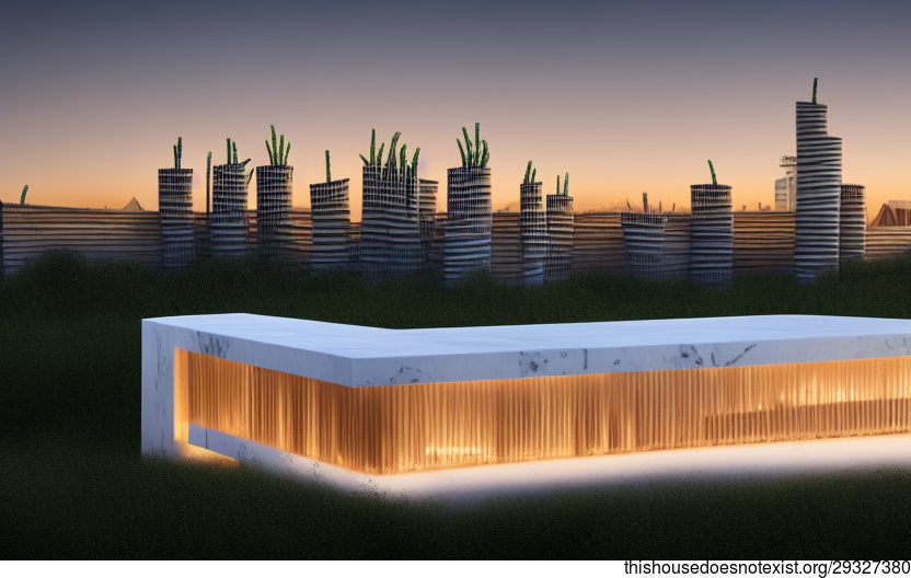 Exposed Rectangular Wood and White Marble Printed Mycelium with Steaming Hot Spring and View of Moscow in the Background