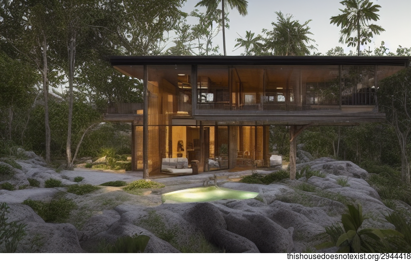A modern architecture home designed to take in the best of sunset views, with exposed timber, glass and rocks, and a steaming hot outside jacuzzi