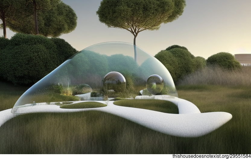 Biology-Inspired Garden With Exposed Circular Glass and Printed Mycelium Timber With Soft Rug and Infinity Pool Outside With View of Dublin, Ireland in the Background