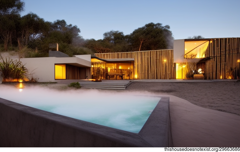 Tribal Modern House With Exposed Circular Bamboo, Biochar Bamboo, and Industrial Wall Shelves With Steaming Hot Jacuzzi Inside and View of Johannesburg, South Africa in the Background