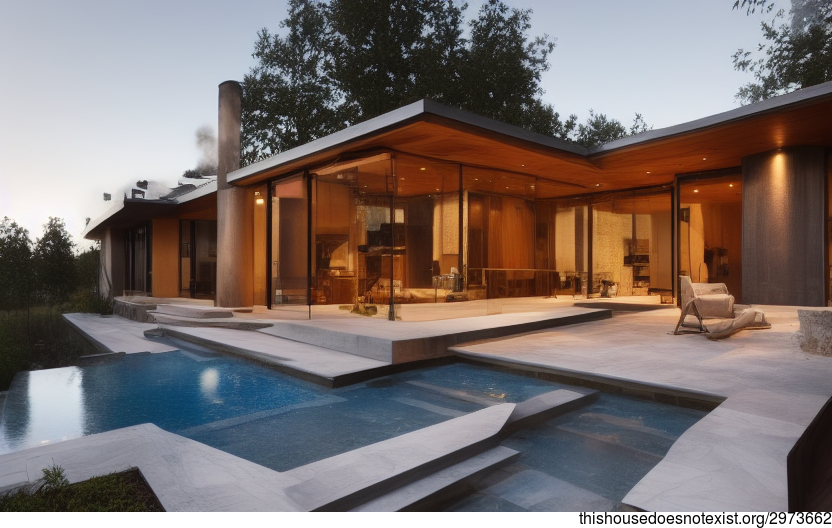 A modern architecture home designed with an exposed wood, glass, and stone exterior, with a steaming hot jacuzzi outside at sunset