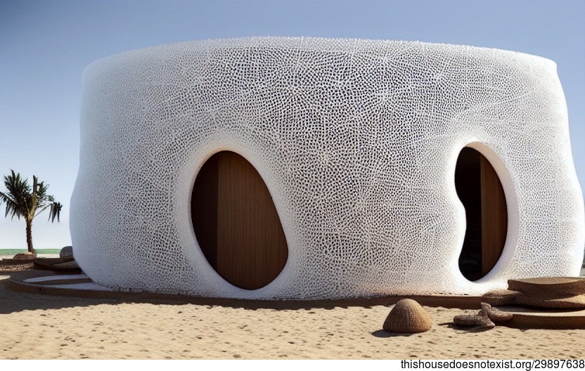 A Modern Tribal Home with an Exposed Circular Printed Mycelium Wall and Steaming Hot Jacuzzi