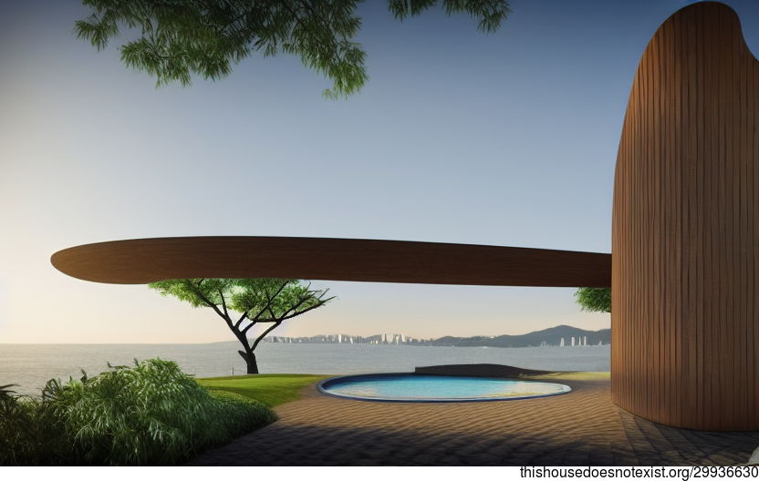 Eco-friendly house with curved biochar and carbon fibre bamboo exterior, infinity pool and view of Seoul, South Korea in the background