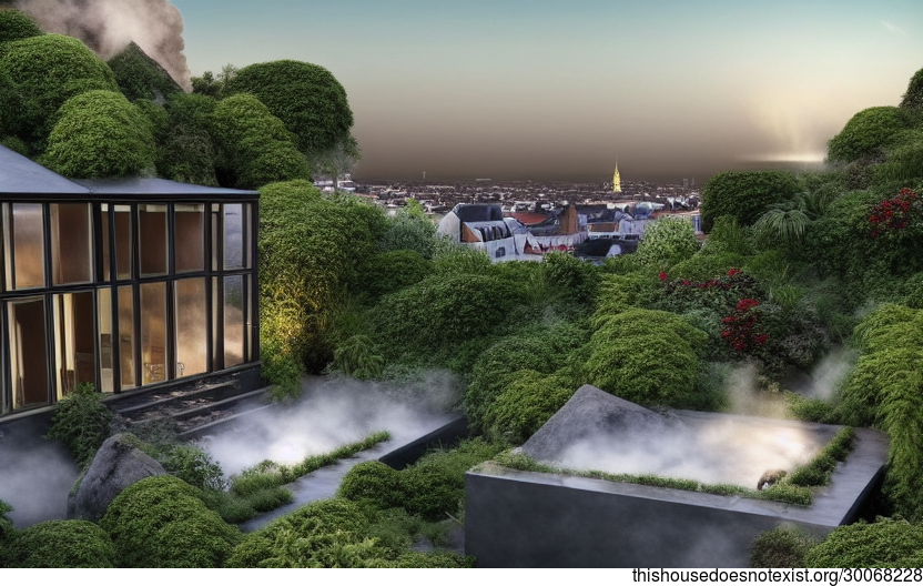 Welcome to my modern architecture home in Brussels, Belgium! This eco-friendly house is made of exposed glass and rectangular volcanic rocks, with hanging plants and a steaming hot spring outside