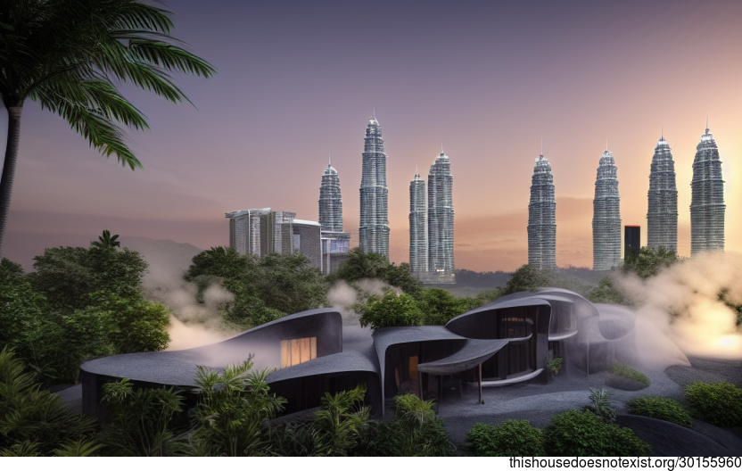 Kuala Lumpur Modern Architecture Home With Exposed Curved Biochar, Biochar Volcanic Rock, and Steaming Hot Spring
