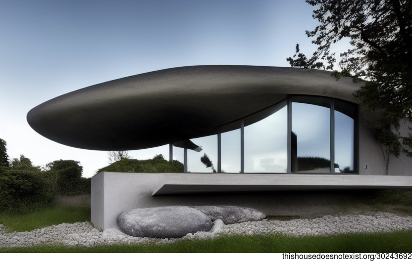 Exposed Curved Carbon-Fibre Reinforced Concrete, Carbon Fibre and Volcanic Rock House with Fireplace and Steaming Hot Jacuzzi Inside and Frankfurt, Germany Background View