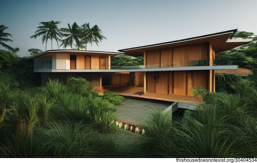 A Modern Architecture Home in Jakarta, Indonesia with Exposed Polished Volcanic Rock, Bamboo, and Grass