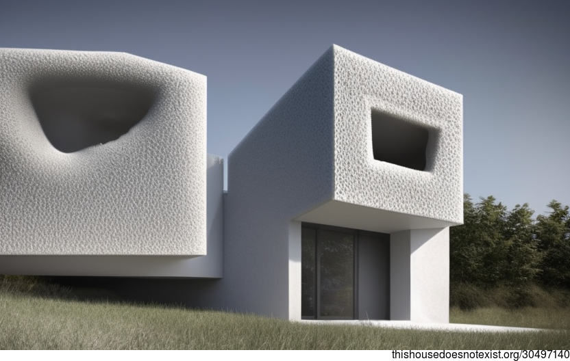 Mycelium-printed, carbon-fibre reinforced concrete house with steaming hot spring and view of Chicago, United States in the background