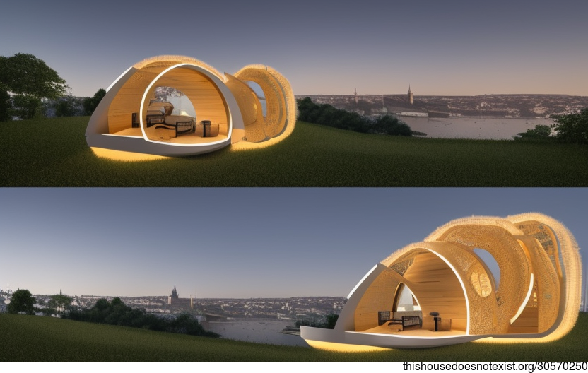 A modern eco-friendly home with an Exposed Curved Mycelium and Bamboo Timber exterior, soft rug, and sunset view of Prague, Czechia in the background