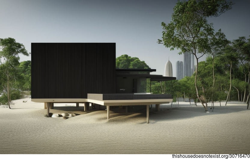 Eco-friendly, minimalist house with exposed timber and black stone exterior, circular view of Kuala Lumpur, Malaysia in the background