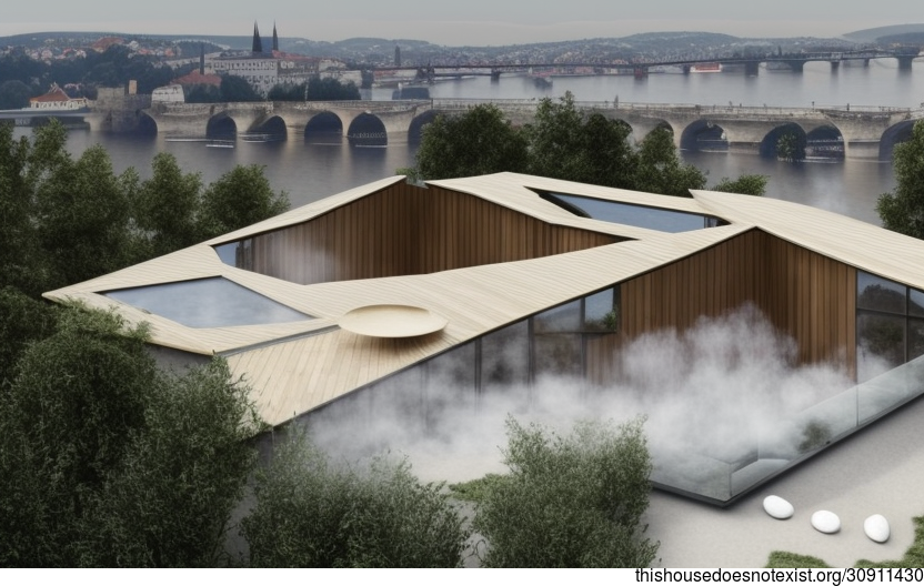A Rectangular House of Carbon Fibre, Glass, and Bamboo With a Steaming Hot Spring Outside and a View of Prague in the Background