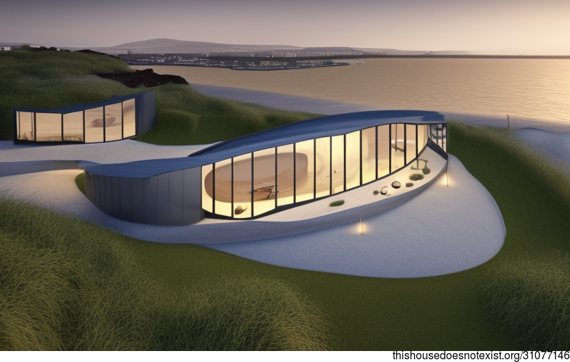 Eco-friendly circular bamboo carbon fibre house with fireplace and infinity pool outside, with view of Dublin, Ireland in background