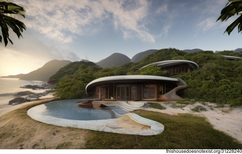 A Curved, Exposed Wood and Glass Home with a Steaming Hot Jacuzzi and a View of Hong Kong