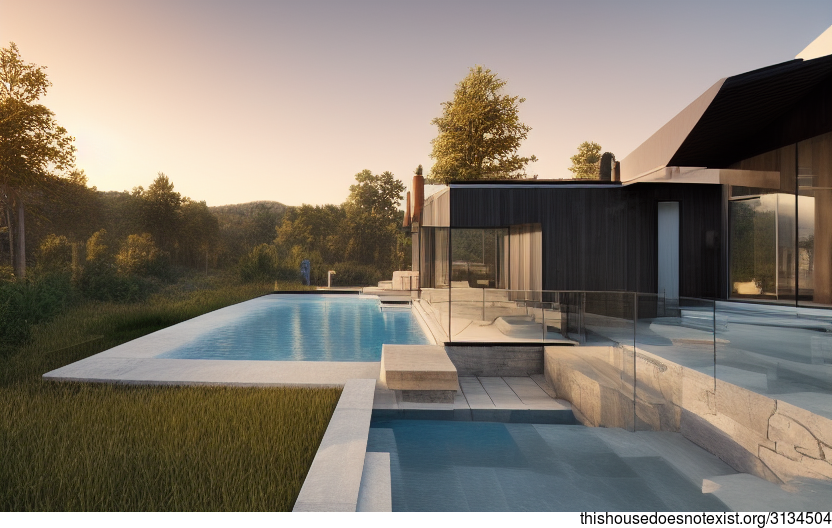 A modern home with an exterior of wood, glass, and stone, designed for enjoying the sunset from the pool