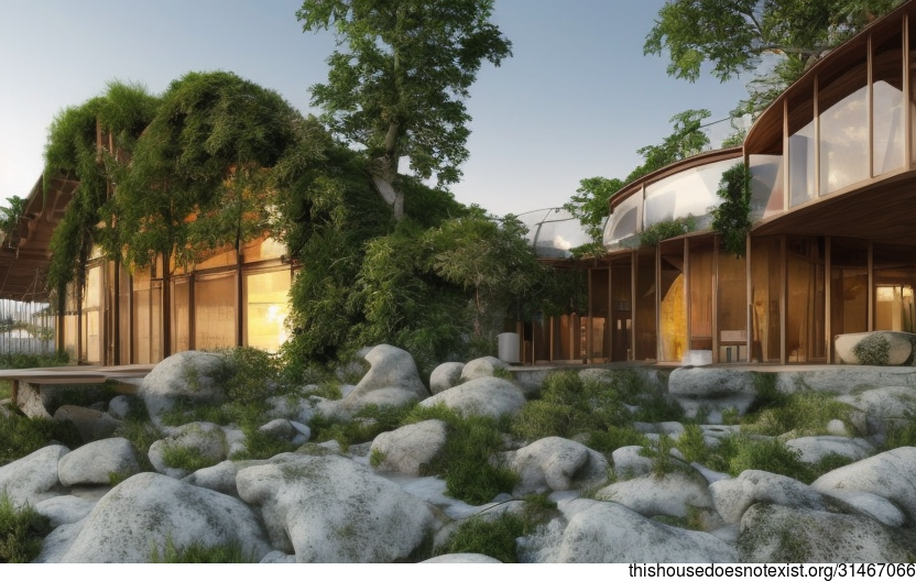 A Sustainable, Eco-Friendly Home with Hanging Plants and Steaming Hot Spring