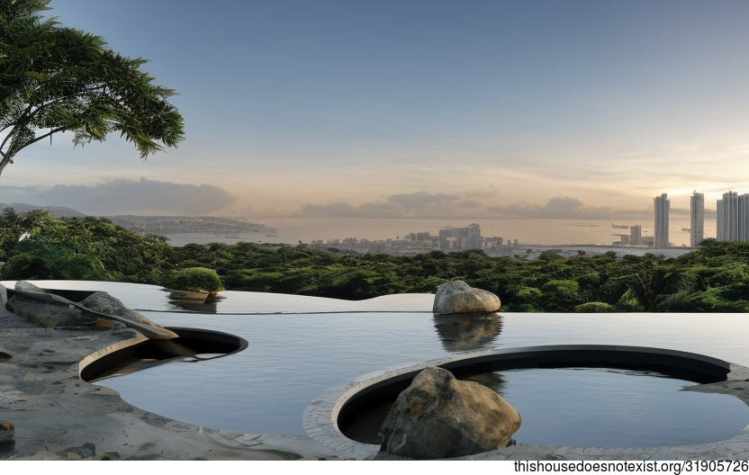 A Modern, Eco-Friendly Home With an Exposed Curved Bamboo Exterior and an Infinity Pool With a View of Manila, Philippines in the Background