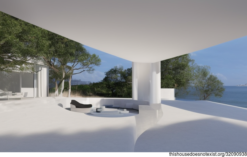 A Beach House in Lisbon with an Exposed Circular White Marble Fireplace and an Infinity Pool with a View of Lisbon in the Background