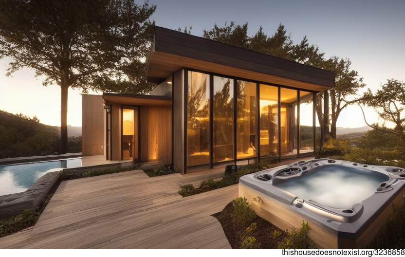 Sunset at the Steamy Hot House Exterior with Exposed Wood, Glass, and Stone, and a Jacuzzi