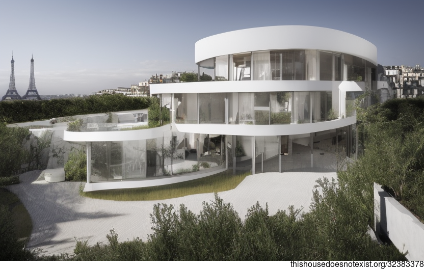 A Modern Beach House in Paris, France With an Exposed Curved White Marble Exterior and Meandering Vines With a View of Paris in the Background