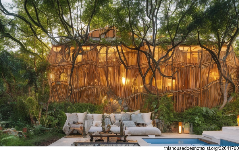 New York City's Most Exposed and Curved Bamboo, Bejuca Vines House With Fireplace and Onsen
