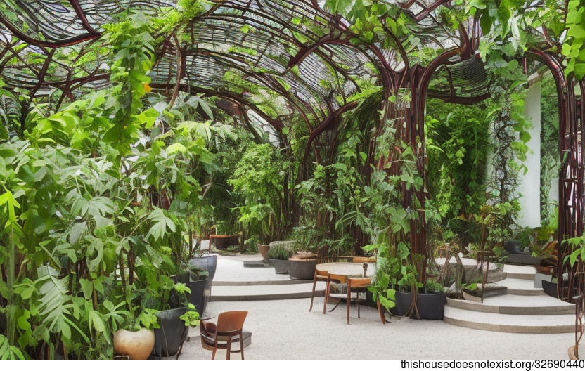 Frankfurt, Germany's original exposed glass and curved Bejuca vines garden, with hanging plants and steaming hot spring outside, with view of Frankfurt, Germany in the background