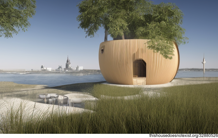 Bamboo house on the beach in Munich, Germany with exposed circular timber and steaming hot jacuzzi outside