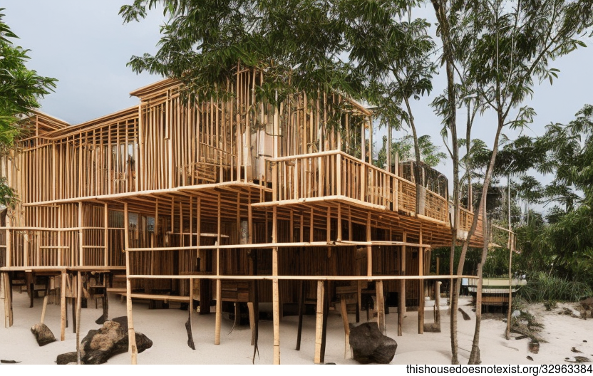 A Modern Beach House in Kuala Lumpur, Malaysia With Exposed Rectangular Timber, Bamboo, and Hanging Plants
