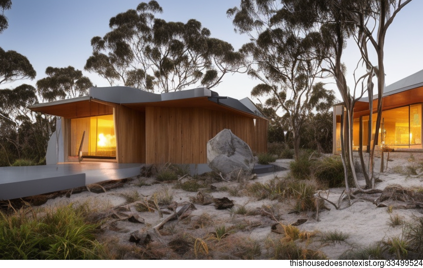A Modern, Eco-Friendly Home With Exposed Wood, Rocks, and Meandering Vines