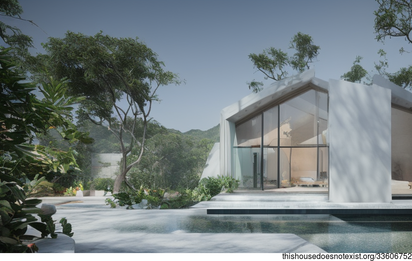 A Modern Beach House in Shenzhen, China With Exposed Triangular Stone, Glass, and Timber With Hanging Plants and a Steaming Hot Jacuzzi Inside With a View of Shenzhen, China in the Background