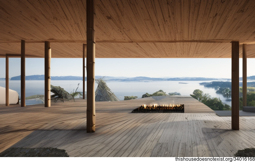 A look at contemporary architecture from the perspective of an eco-friendly, exposed, triangular bamboo and wood timber house with fireplace and steaming hot spring inside, with a view of Zurich, Switzerland in the background