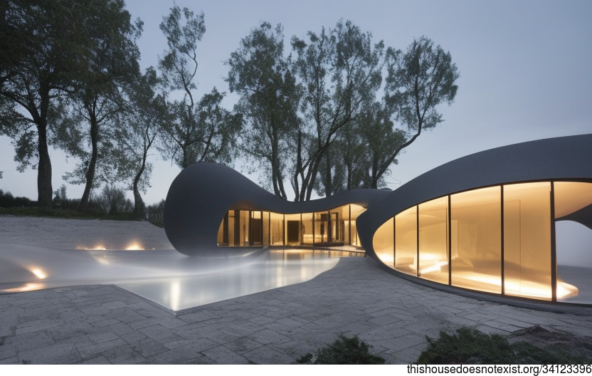 A Night View of Exposed Curved Black Stone, Glass, and White Marble