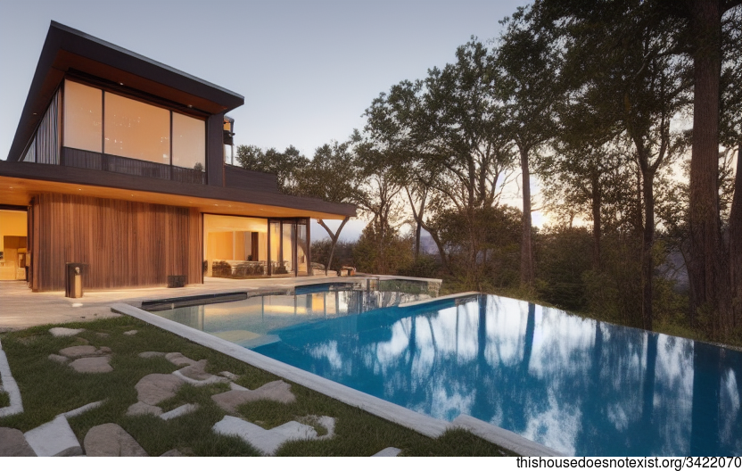 A modern architecture home with beautiful sunset views, exposed wood, glass, and stone exterior, and with a pool